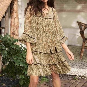 REPEAT silver edition long tiered dress with paisley leaves print and metallic